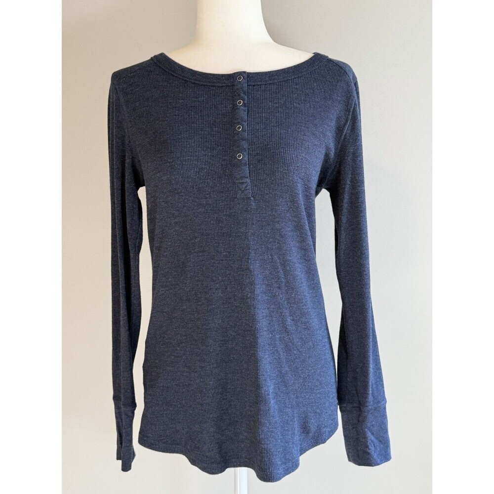 Waffle Knit Henley Front Snaps Soft Lightweight Blue Medium